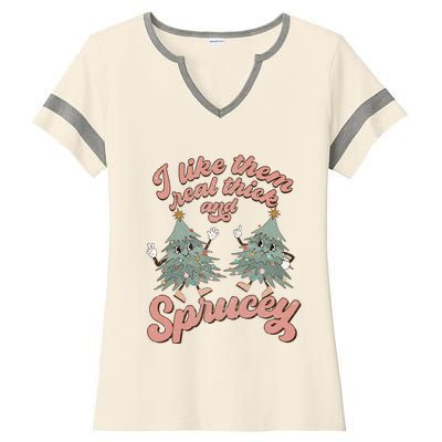 Retro Christmas Tree I Like Them Real Thick And Sprucey Xmas Ladies Halftime Notch Neck Tee