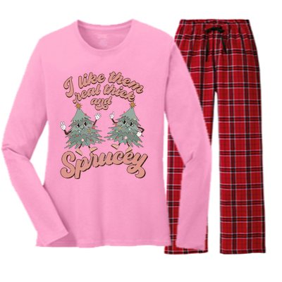 Retro Christmas Tree I Like Them Real Thick And Sprucey Xmas Women's Long Sleeve Flannel Pajama Set 