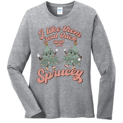 Retro Christmas Tree I Like Them Real Thick And Sprucey Xmas Ladies Long Sleeve Shirt