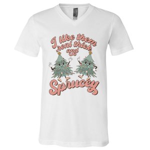 Retro Christmas Tree I Like Them Real Thick And Sprucey Xmas V-Neck T-Shirt