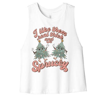 Retro Christmas Tree I Like Them Real Thick And Sprucey Xmas Women's Racerback Cropped Tank