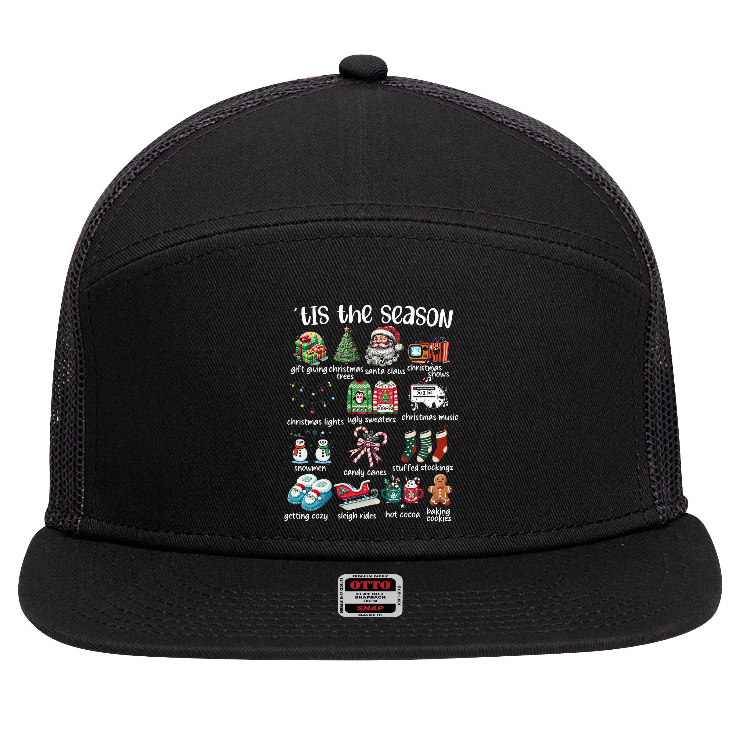Retro Christmas Tis The Season 7 Panel Mesh Trucker Snapback Hat