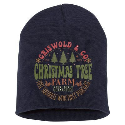 Retro Christmas Tree Farm Funny Holiday Vibes Groovy Family Short Acrylic Beanie