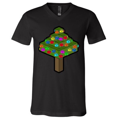 Retro Christmas Tree Blocks Gaming Craft V-Neck T-Shirt