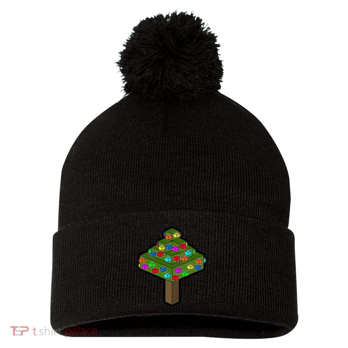 Retro Christmas Tree Blocks Gaming Craft Pom Pom 12in Knit Beanie
