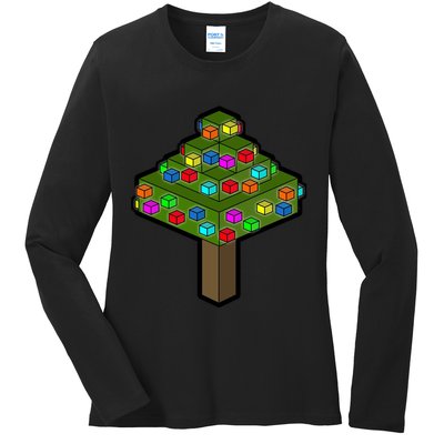 Retro Christmas Tree Blocks Gaming Craft Ladies Long Sleeve Shirt