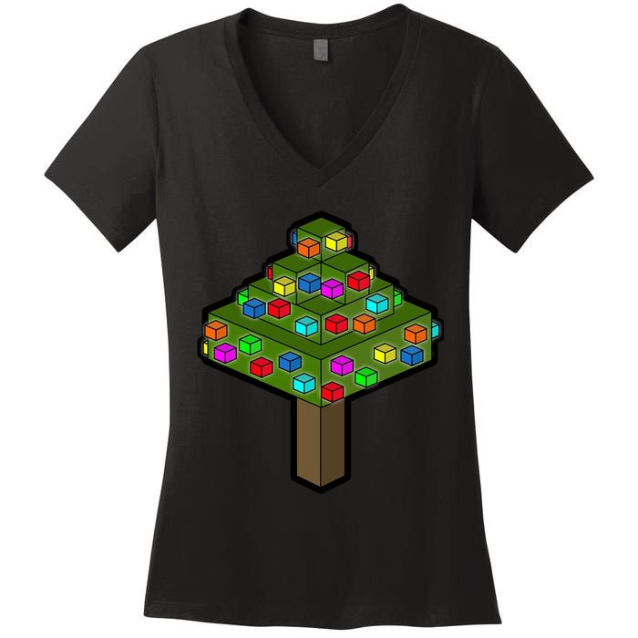 Retro Christmas Tree Blocks Gaming Craft Women's V-Neck T-Shirt