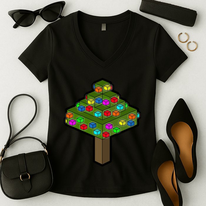Retro Christmas Tree Blocks Gaming Craft Women's V-Neck T-Shirt
