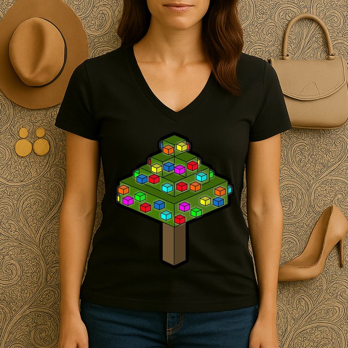 Retro Christmas Tree Blocks Gaming Craft Women's V-Neck T-Shirt
