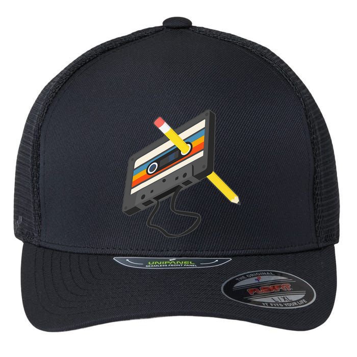 Retro Cassette Tape Pencil 70s 80s 90s Music Mixtape Flexfit Unipanel Trucker Cap