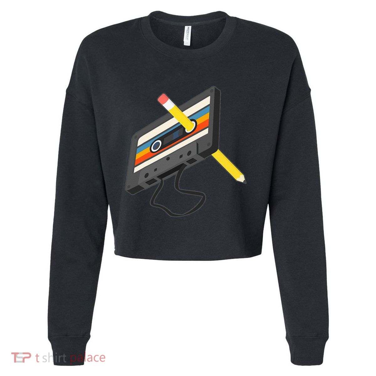 Retro Cassette Tape Pencil 70s 80s 90s Music Mixtape Cropped Pullover Crew