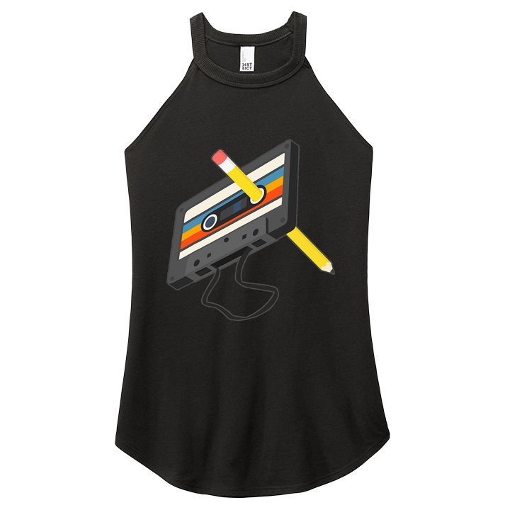 Retro Cassette Tape Pencil 70s 80s 90s Music Mixtape Women's Perfect Tri Rocker Tank