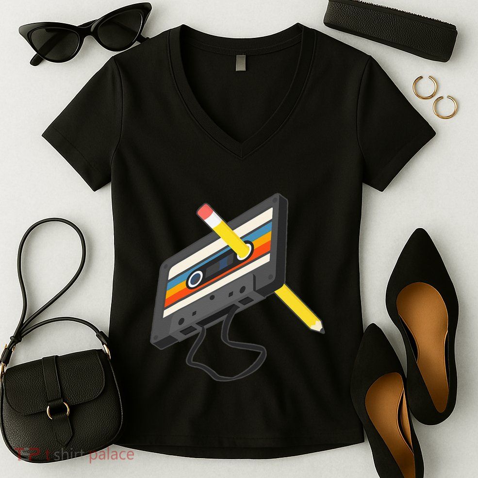 Retro Cassette Tape Pencil 70s 80s 90s Music Mixtape Women's V-Neck T-Shirt