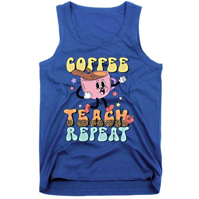 Retro Coffee Teach Repeat Teacher Life Back To School Outfit Gift Tank Top