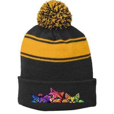 Realistic Cat Trio Colorful Abstract Design Stripe Pom Pom Beanie