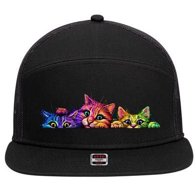 Realistic Cat Trio Colorful Abstract Design 7 Panel Mesh Trucker Snapback Hat