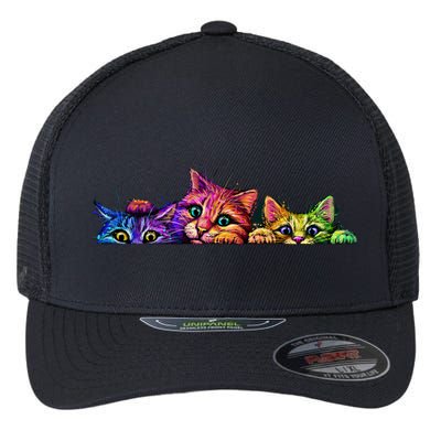 Realistic Cat Trio Colorful Abstract Design Flexfit Unipanel Trucker Cap