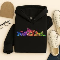 Realistic Cat Trio Colorful Abstract Design Hoodie