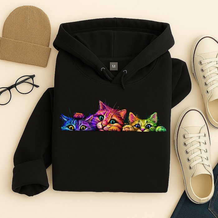 Realistic Cat Trio Colorful Abstract Design Hoodie