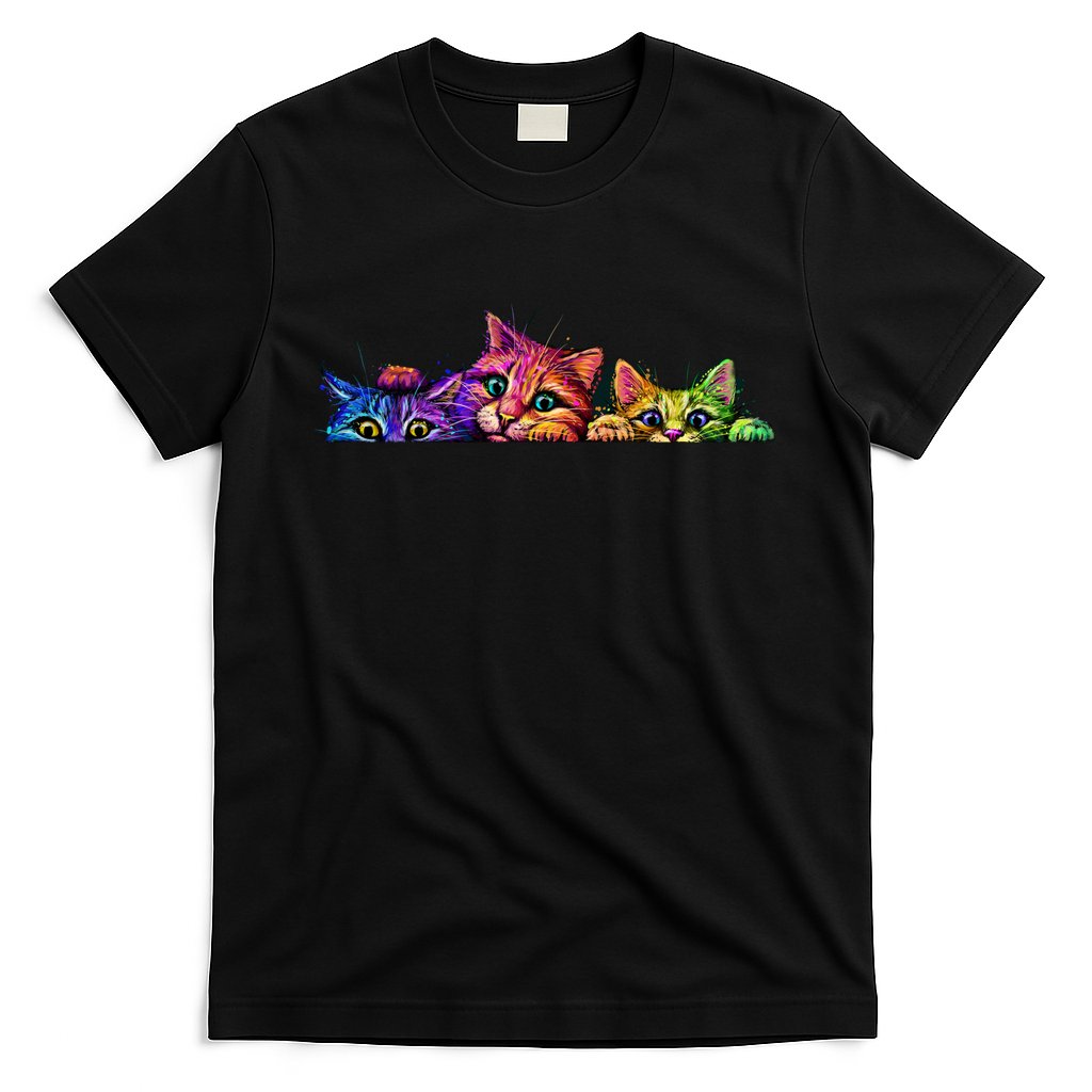 Realistic Cat Trio Colorful Abstract Design T-Shirt