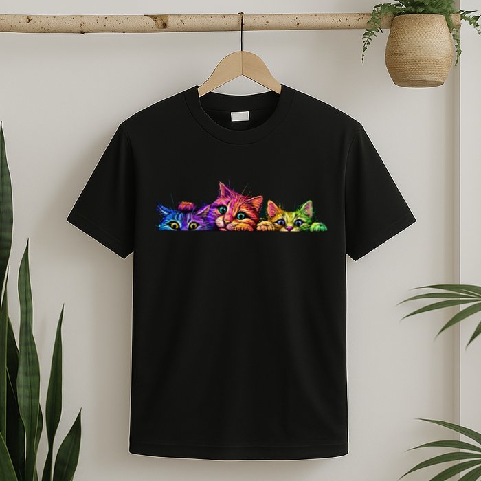 Realistic Cat Trio Colorful Abstract Design T-Shirt