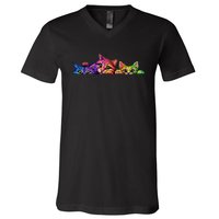 Realistic Cat Trio Colorful Abstract Design V-Neck T-Shirt