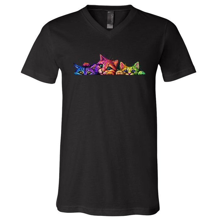 Realistic Cat Trio Colorful Abstract Design V-Neck T-Shirt