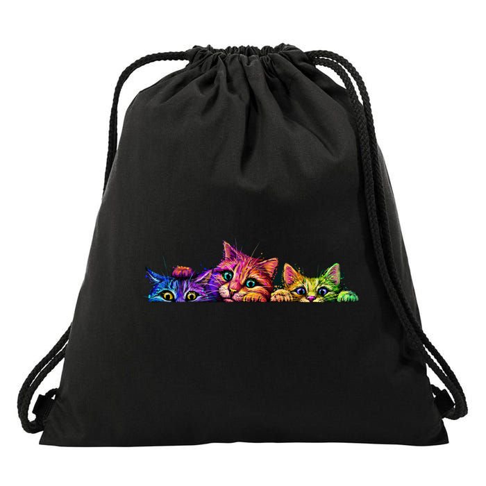 Realistic Cat Trio Colorful Abstract Design Drawstring Bag