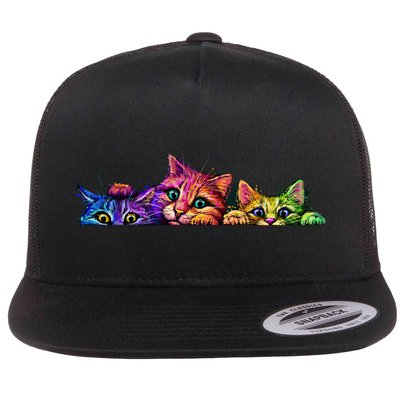 Realistic Cat Trio Colorful Abstract Design Flatbill Hat