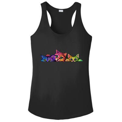 Realistic Cat Trio Colorful Abstract Design Ladies PosiCharge Competitor Racerback Tank