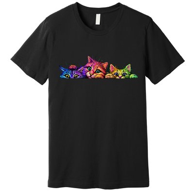 Realistic Cat Trio Colorful Abstract Design Premium T-Shirt
