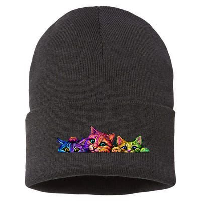 Realistic Cat Trio Colorful Abstract Design Sustainable Knit Beanie