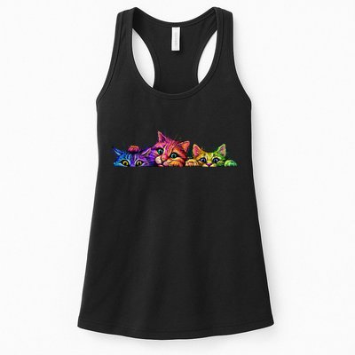 Realistic Cat Trio Colorful Abstract Design Womens Tank Top