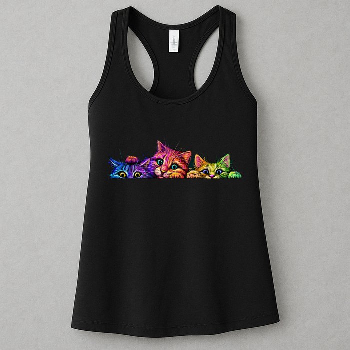 Realistic Cat Trio Colorful Abstract Design Womens Tank Top