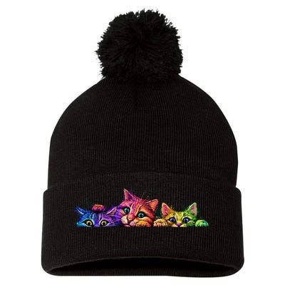 Realistic Cat Trio Colorful Abstract Design Pom Pom 12in Knit Beanie