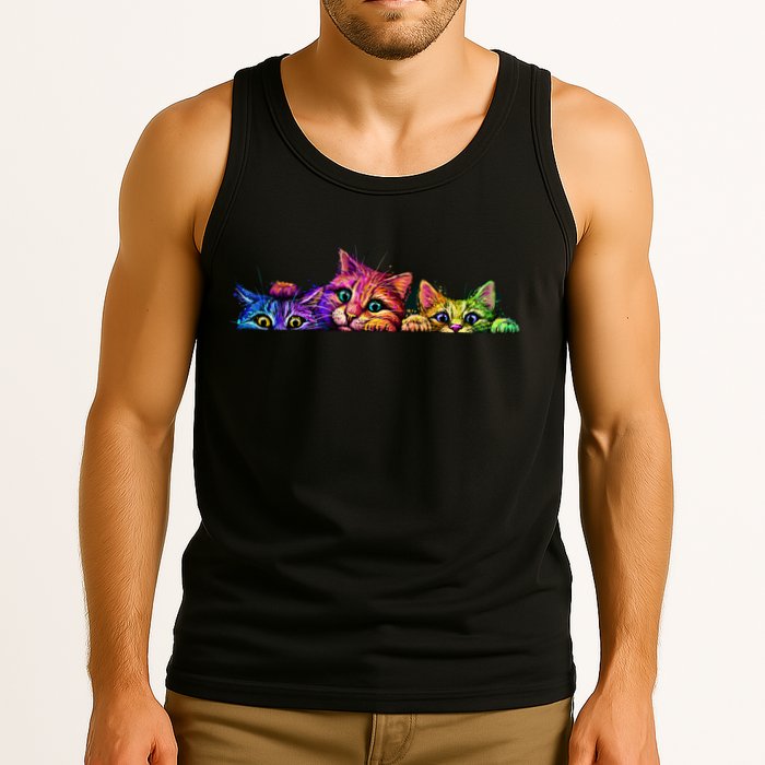 Realistic Cat Trio Colorful Abstract Design Tank Top