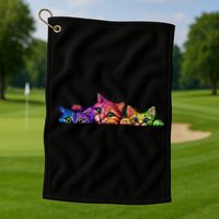 Realistic Cat Trio Colorful Abstract Design Golf Towel