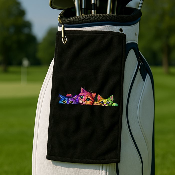 Realistic Cat Trio Colorful Abstract Design Golf Towel