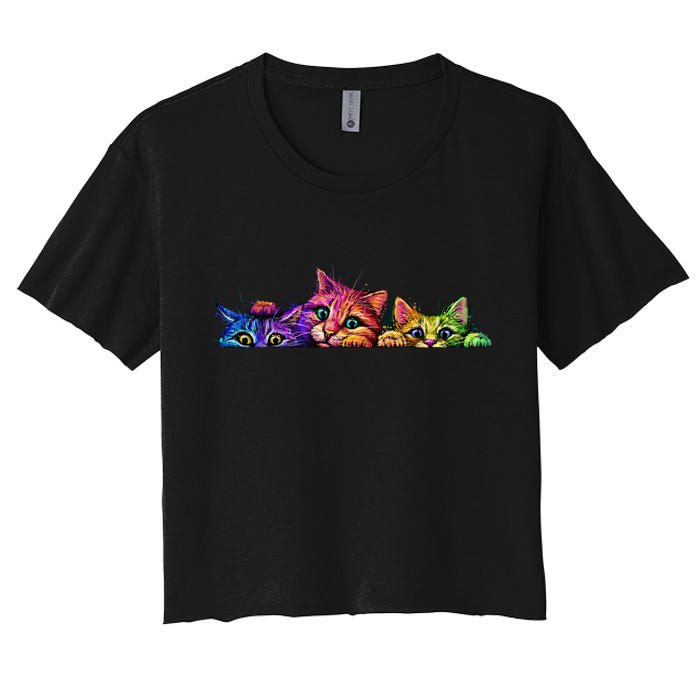Realistic Cat Trio Colorful Abstract Design Crop Top