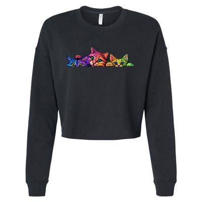 Realistic Cat Trio Colorful Abstract Design Cropped Pullover Crew