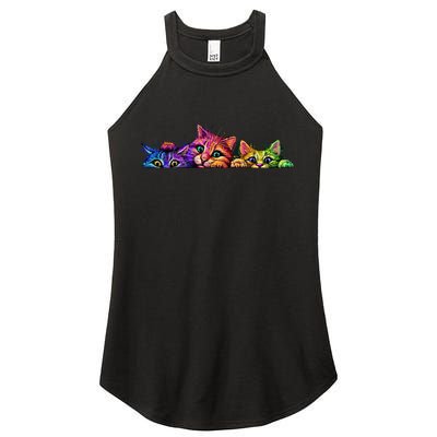 Realistic Cat Trio Colorful Abstract Design Women's Perfect Tri Rocker Tank