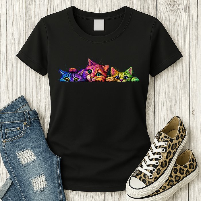 Realistic Cat Trio Colorful Abstract Design Womens T-Shirt