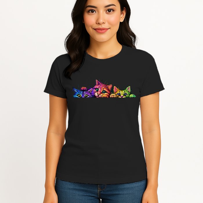 Realistic Cat Trio Colorful Abstract Design Womens T-Shirt