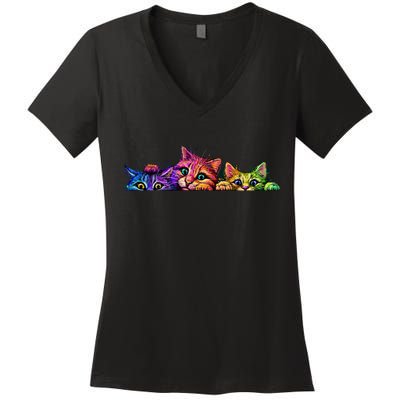 Realistic Cat Trio Colorful Abstract Design Women's V-Neck T-Shirt