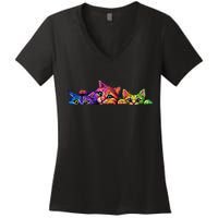 Realistic Cat Trio Colorful Abstract Design Women's V-Neck T-Shirt