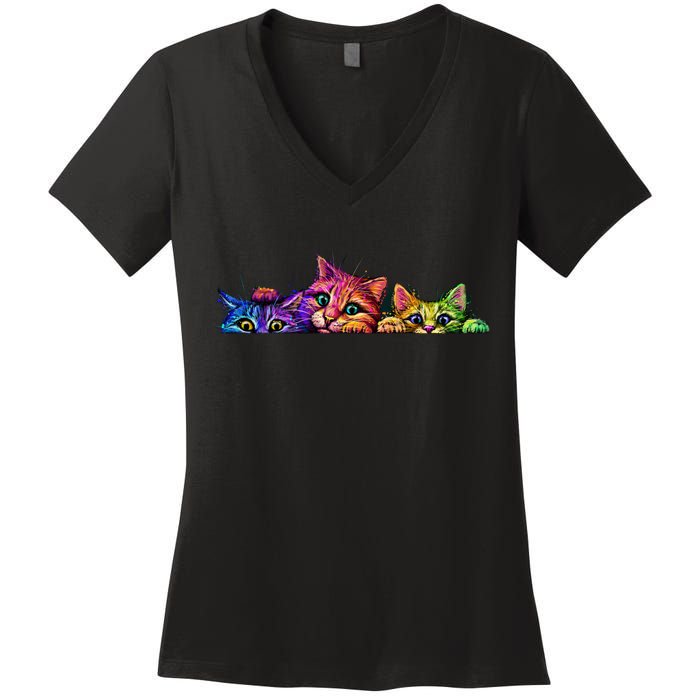 Realistic Cat Trio Colorful Abstract Design Women's V-Neck T-Shirt