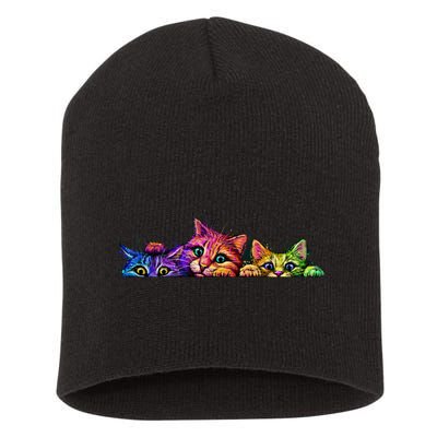 Realistic Cat Trio Colorful Abstract Design Short Acrylic Beanie
