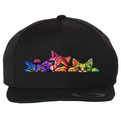 Realistic Cat Trio Colorful Abstract Design Wool Snapback Cap
