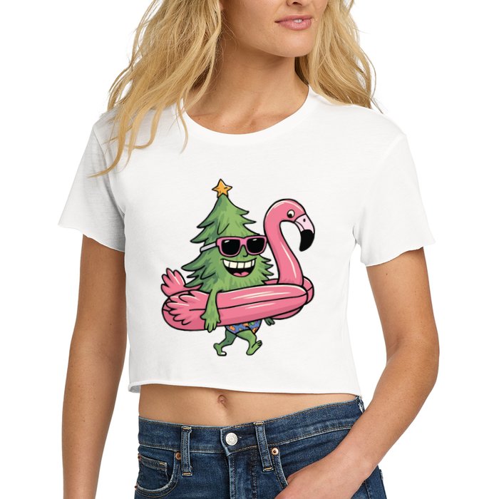 Retro Christmas Tree Beach Vacation Christmas In July Women's Crop Top Tee