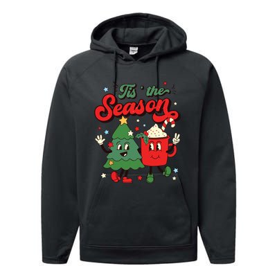 Retro Christmas Tis The Season Christmas Tree Coffee Latte Performance Fleece Hoodie